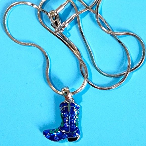Cowboy Blue Green Boot Charm Pendant/Necklace/Rhinestone Crystal Hand Painted - Picture 2 of 10